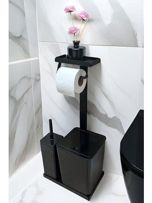 Die Grup Tr 3'ü 1 Arada Banyo Seti Tuvalet Kağıtlık, Çöp Kovası ve Tuvalet Fırça Takımı Set Çizgili (Siyah)