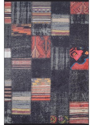 Die Grup Tr 140X200 cm Bierun Siyah Patchwork Yün El Dokuma Modern Geometrik Etnik Eskitme Desenli Boho Oturma Odası Salon Yolluk Koridor Mutfak Halısı