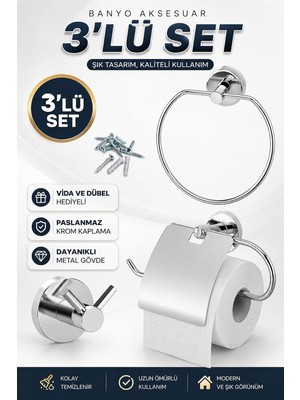 Die Grup Tr Krom Metal Sağlam Aparat Vidalı Lavabo Banyo Wc Bez Havlu Çatal Askı Tuvalet Kağıtlık 3'lü Set