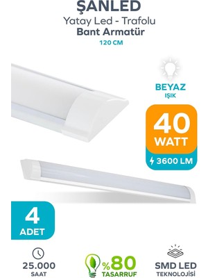Die Grup Tr 120 cm 40 Watt Yatay LED Bant Armatür-Trafolu Beyaz Işık-1-2-4-5-8-10-20-40 Adettir (Beyaz-4 Adet)