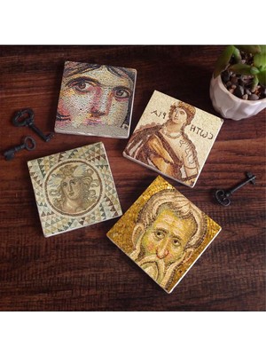 Die Grup Tr Soteria Mozaiği, Çingene Kızı, Mozaik Serisi Taş Bardak Altlığı Seti - 4 Parça - Dekoratif, Rustik Mutfak Aksesuarı, 10X10 Cm, Kaydırmaz Tabanlı, Şık ve Dayanıklı SC121