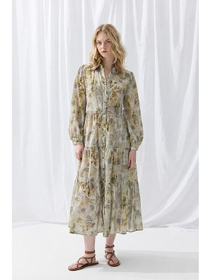 Gusto Iz Collection Eco Print Relaxed Fit Long Dress - Green