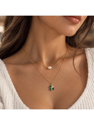 Ayen Accessories Kadın Çelik Yonca Figürlü Inci Detaylı Gold Renk Çift Katmanlı Kolye