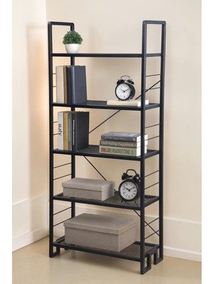 Dekoratif Siyah Metal Kitaplık 5 Raflı Çok Amaçlı Stand Salon ve Çalışma Odası Düzenleyici