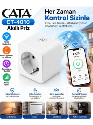 Cata CT-4010 Wi-Fi Akıllı Priz – Uzaktan Kontrol, Zamanlayıcı ve Enerji Takibi