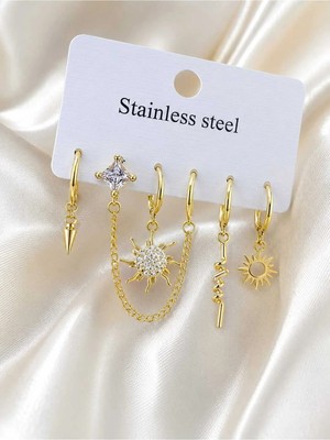 Stainless Steel Match Asimetrik Çelik Çoklu Küpe Seti - Güneş ,yıldız ,kristal ve Zincir Detaylı