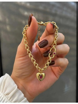 Yonca Cm Jewelry Bordo Taşlı Kalp Charmlı , 14 Ayar Altın Kaplama Özel Seri Kadın Gold Bileklik 17+3cm Ayarlanabilir