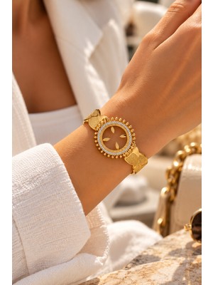 Adata Jewelry Çelik 14K Kaplama Çeyrek Takılabilen Zirkon Taşlı Kadın Kelepçe Bileklik Gold
