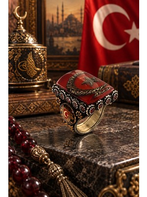 Siset Gümüş 925  Ayar Kırmızı  Mineli Kelime-I Tevhit Yazılı Ay Yıldızlı Erkek  Gümüş  Yüzük