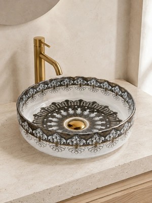 FUALORA Desenli Tezgah Üstü Seramik Çanak Lavabo 36X36X12 cm