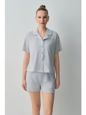 Suwen Grey Melange Casual Shirt Collar Cotton Shorts Pajama Set