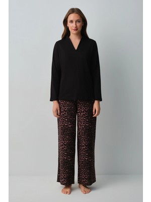 Suwen Black Patterned Meloni Leopard Pajama Set