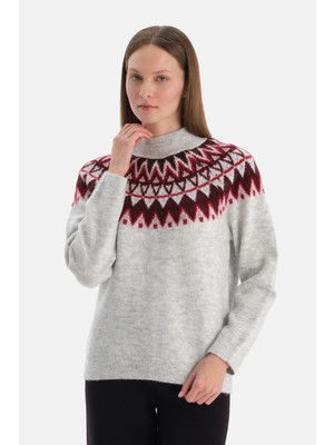 Dagi Grey Melange Ethnic Pattern New Year Sweater