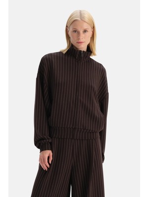 Dagi Dark Brown Stripe Detail Zip-Up Sweatshirt