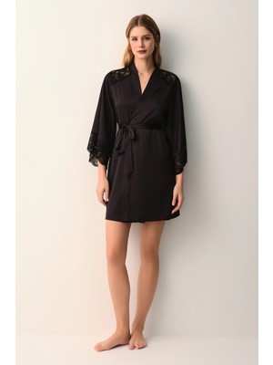 Suwen Black Vivienne Lace Short Robe