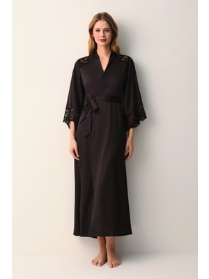 Suwen Black Vivienne Lace Long Robe