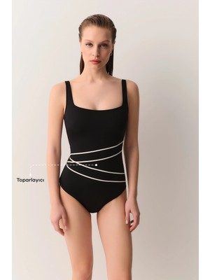 Suwen Black Piped Corseted Shaping Swimsuit