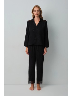 Suwen Black Private Lace Shirt Collar Pajama Set