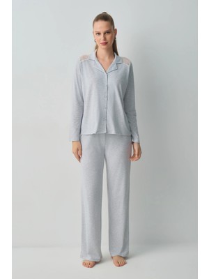 Suwen Grey Melange Glace Casual Shirt Collar Pajama Set