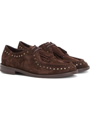 Divarese Dıvarese Brown Rhinestone Tassel Detail Women's Suede Loafers