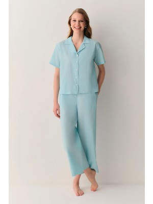 Suwen Green Striped Minty Shirt Collar Pajama Set