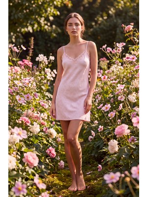 Suwen Pink Floral Lace Short Nightgown