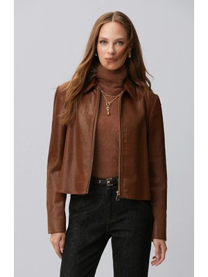 Network Cinnamon Limited Croco Pattern Leather Jacket