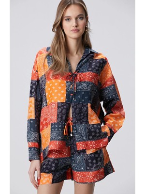 Network Navy Red Patterned Linen Blouse