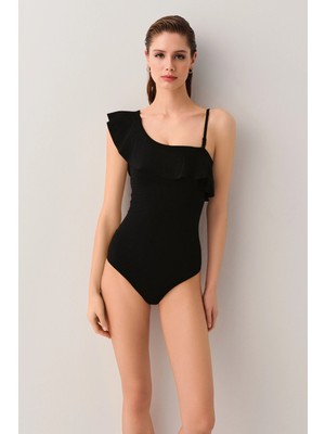 Suwen Black One-Shoulder Ruffled Swimsuit