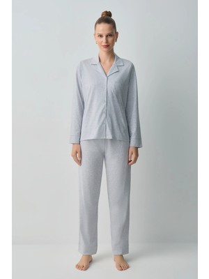 Suwen Grey Melange Dotty Shirt Collar Cotton Pajama Set