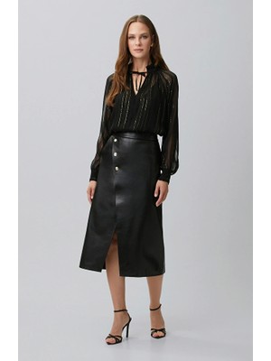 Network Black Accessory Detailed Midi Leather Skirt