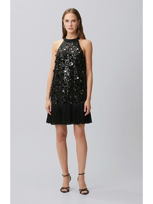 Network Black Plisse Sequined Mini Evening Dress