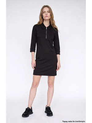 Network Black Polo Collar Zippered Rhinestone Print Midi Dress