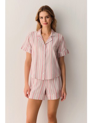 Suwen Pink Striped Loren Shirt Collar Shorts Pajama Set