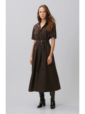 Network Dark Brown Button-Front Taffeta Dress