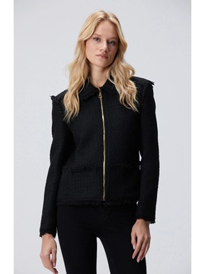 Network Black Zippered Tassel Detailed Tweed Jacket