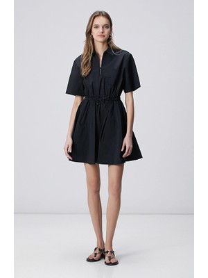 Network Black Gathered Short Sleeve Zip Neck Mini Dress
