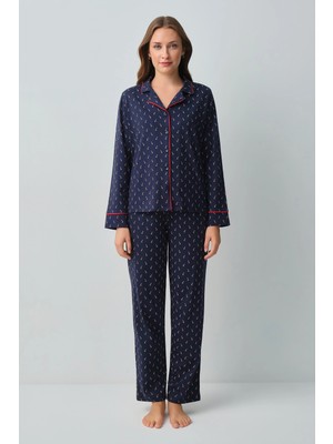 Suwen Navy Patterned Candy Cotton Shirt Collar Pajama Set