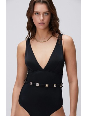 Network Black Stone-Embellished Belt Detail Swimsuit