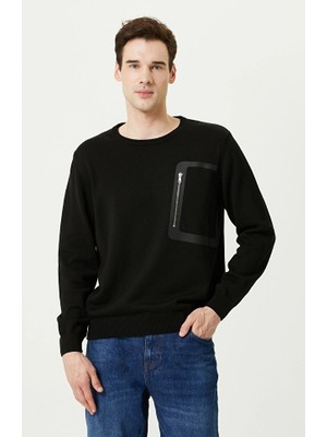 Network Leather Patch Pocket Detail Black Sweater