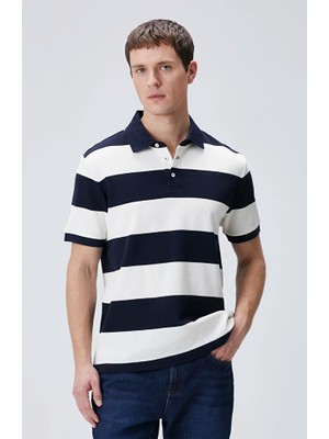 Network Navy White Striped Polo Collar T-Shirt