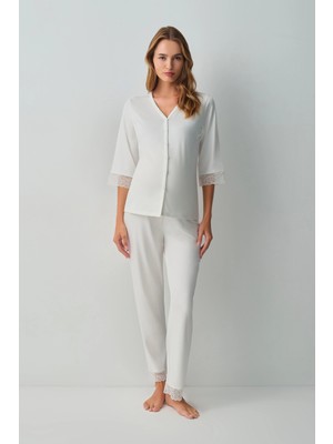 Suwen Ecru Pearl Maternity Nursing Shirt Collar Pajama Set