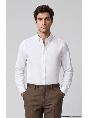 Network Non-Iron White Button-Down Collar Honeycomb Pattern Shirt