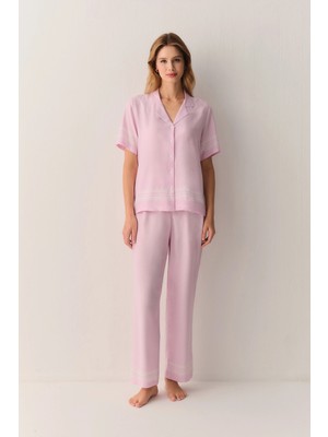 Suwen Pink Cute Shirt Collar Pajama Set