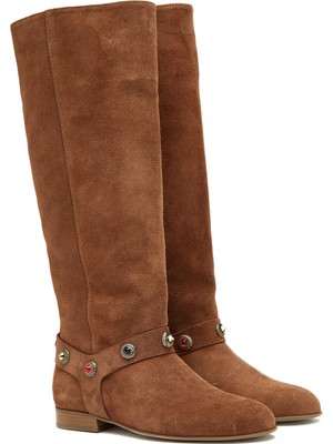 Divarese Dıvarese Tan Rhinestone Women's Suede Leather Tall Boots