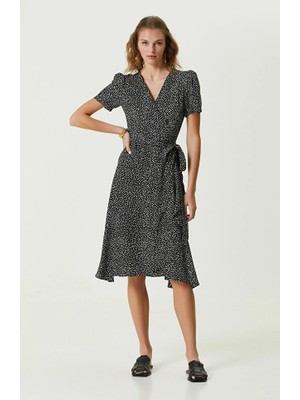 Network Black Patterned Wrap Neckline Knee-Length Dress