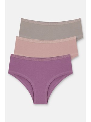 Suwen Purple / Pink / Brown 3-Pack Cotton Elastic Regular Waist Hipster Briefs