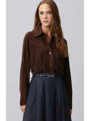 Network Brown Fringe Detail Suede Leather Shirt