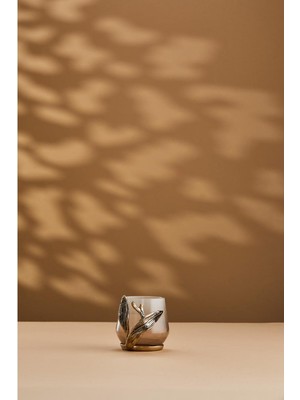 Cornella Ivy Antique Gold Detailed Cream Ombre Glass Candle Holder Rim:7 cm x Height:9 cm