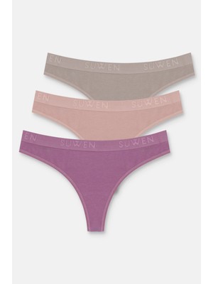 Suwen Purple / Pink / Brown 3-Pack Cotton Elastic Regular Waist String Panties